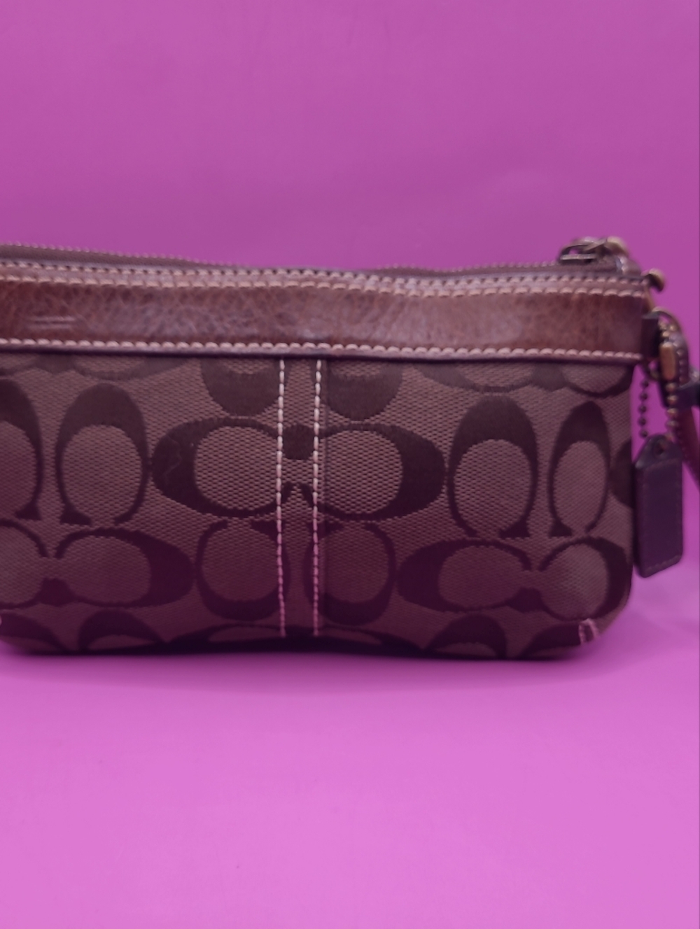 RARE Vintage Coach Soho Signature C Choco Brown Leather Trim Purse Bag Wristlet - Picture 7 of 13